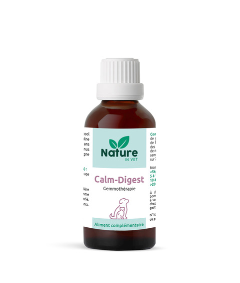 Flacon Calm-Digest Nature in Vet, complément naturel en gemmothérapie pour améliorer la digestion des chiens et chats, soulage les ballonnements, diarrhées et gastrites.