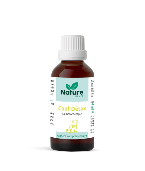 Flacon Cool-Detox Nature in Vet, complément naturel en gemmothérapie pour chiens et chats, aide à éliminer les toxines, soutient le foie et les reins, améliore la digestion.