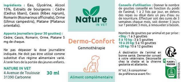 Flacon Dermo-Confort Nature in Vet, complément naturel en gemmothérapie pour chiens et chats, soulage les démangeaisons, irritations et allergies cutanées, protège les muqueuses et favorise la cicatrisation.