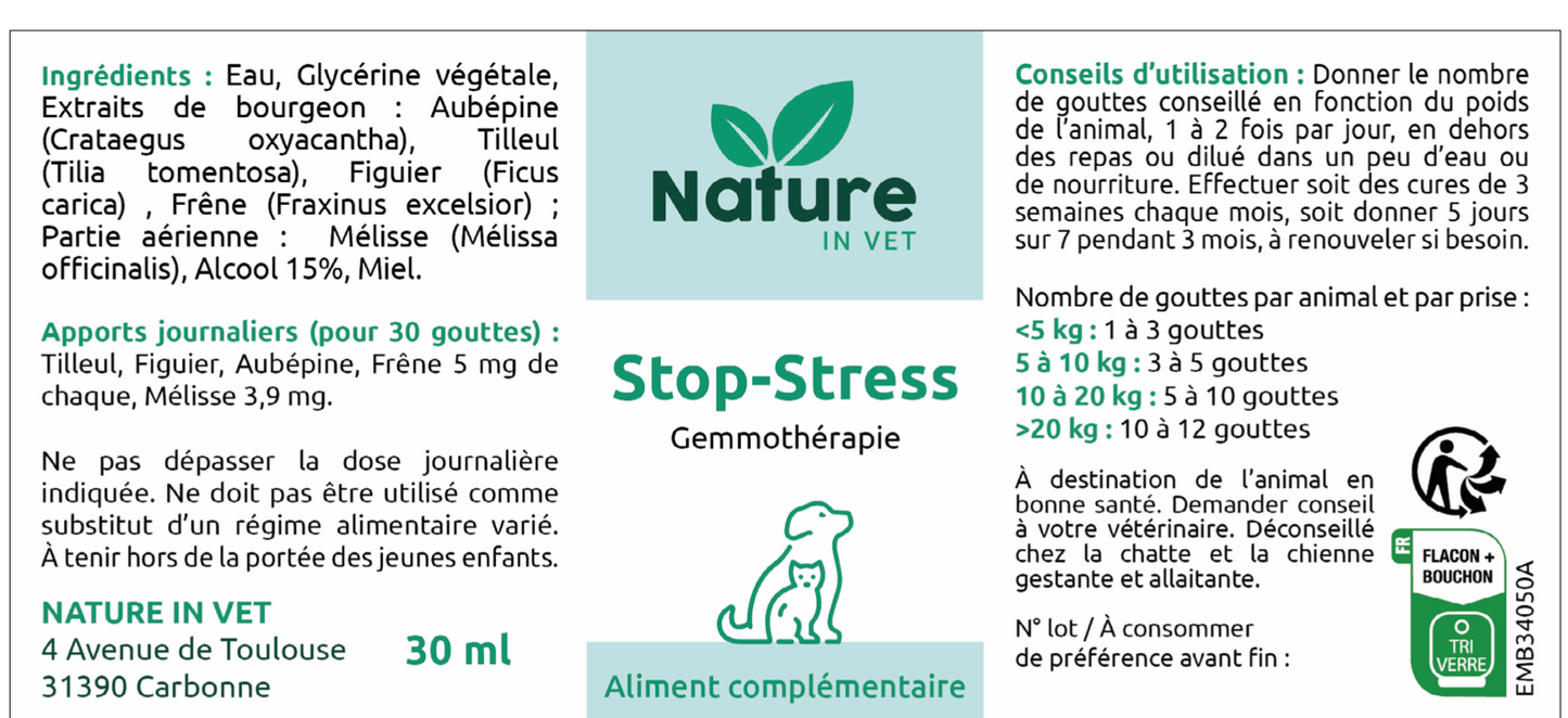 Stop-Stress Nature in Vet, complément naturel en gemmothérapie pour réduire l’anxiété et le stress des chiens et chats, idéal contre l’anxiété de séparation et le mal des transports.